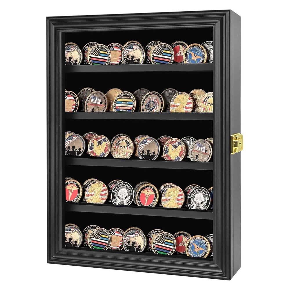 Liuyalo Military Challenge Coin Display Case Lockable Wood Shadow Box Shelves